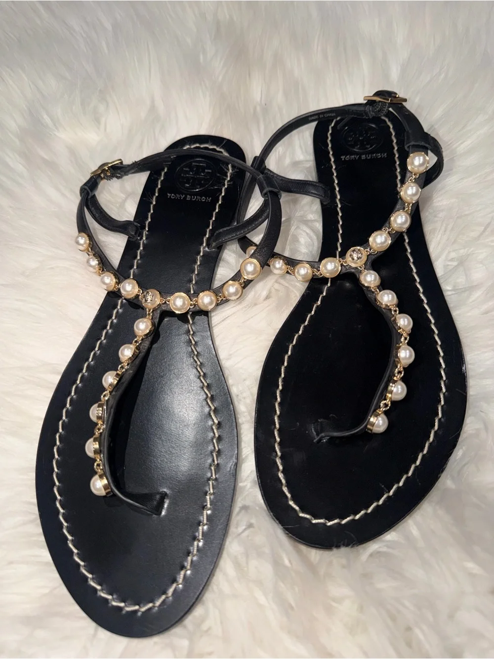 Tory Burch Black Pearl-Trim T-Strap Sandals